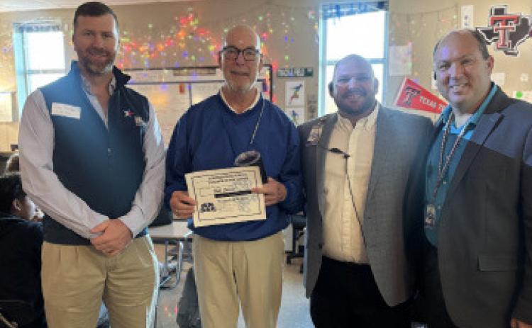 For the month of November, Lampasas High School celebrated its Teacher of the Month Bob Davis, second from left. On hand to honor Davis is Clay Phillips, left, of Texas Farm Bureau Insurance; Assistant Principal Ryan Race and Principal Paul Weinheimer. Race said Davis “is an exceptional old-school English teacher who reaches all students with his kindness and his consistency.” COURTESY PHOTO