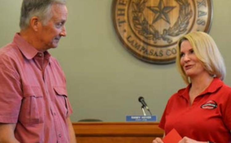 County Judge Randy Hoyer listens as Texas Senator Dawn Buckingham thanks him for his efforts to promote two proposed bills that focused on expanding state reimbursement for lost property tax revenue due to the 100% disabled veterans’ property tax exemption. Although the bills did not pass during the legislative session, Hoyer said he’s not giving up. MONIQUE BRAND | DISPATCH RECORD