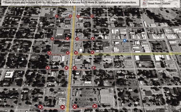 This map developed by the city of Lampasas depicts the street closures that will occur on the day of the total solar eclipse -- Monday, April 8. COURTESY GRAPHIC | CITY OF LAMPASAS