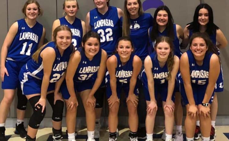 Lampasas Middle School’s eighth-grade “A” girls’ basketball team went undefeated and won district on Monday. Pictured are, front row, left to right, Kenedi Smart, Lexee Marez, Chloe Thorp, Addi Borchardt and Julia Ybarra; back row, Selah Harris, Brylie Turner, Abigail Williams, coach Whitney Wright, Dani Schuricht and Abbey Green. COURTESY PHOTO
