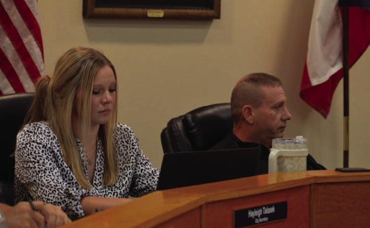 City Secretary Hayleigh Talasek, shown sitting next to Mayor John Wilkerson, has tendered her resignation to Kempner officials, however she plans to provide training when a replacement is hired and will be available on a contract basis after January 2026 to assist the city if needed. ERICK MITCHELL | DISPATCH RECORD