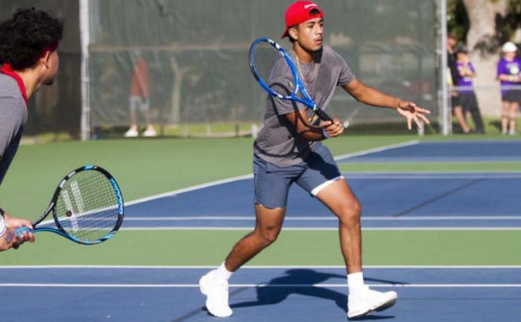 Francisco Jaimes, left, and Enrique Caso Prado competed in the 1A boys’ doubles state qurterfinals in San Antonio on Thursday. JEFF LOWE | DISPATCH RECORD