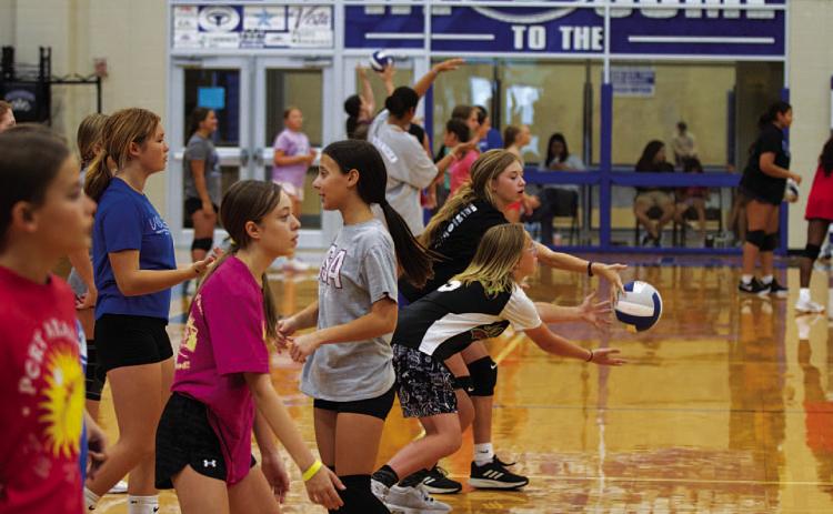 Young Lady Badgers work on their serving at volleyball camp on Wednesday. HUNTER KING | DISPATCH RECORD