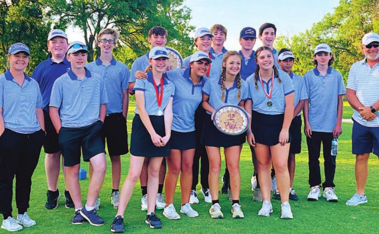The middle school golf teams pose with their medals after winning the Salado tournament. COURTESY PHOTO