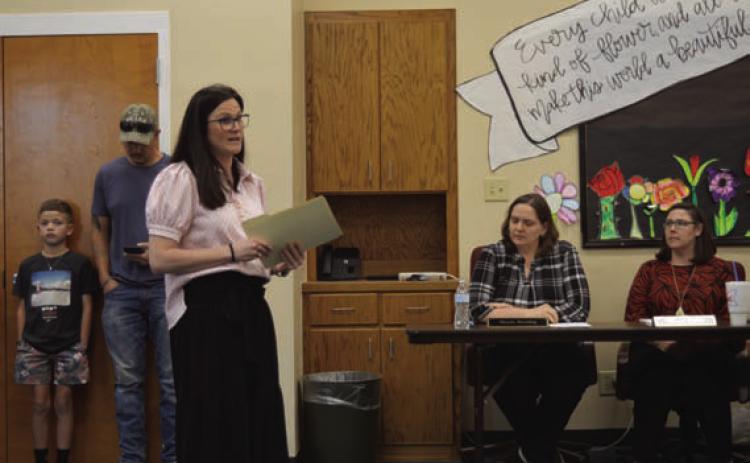 Hanna Springs Principal Lindsay Duhon provides LISD trustees a campus update during Monday’s school board meeting. ERICK MITCHELL | DISPATCH RECORD