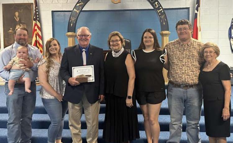On hand for the presentation of the Golden Trowel Award to Past Master Mickey Edwards, in center, were Reagan, Braden and Tate Edwards, at left; Edwards’ wife, Jani Edwards; Morgan and Jay Edwards; and Kay Hewitt, at right. COURTESY PHOTO