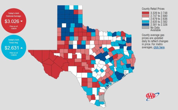 AAA Texas statistics show the red-shaded areas to have the highest gasoline prices in the state, while those counties in blue offer the lowest prices per gallon. Lampasas County is included among those with low prices. AAA | COURTESY GRAPHIC