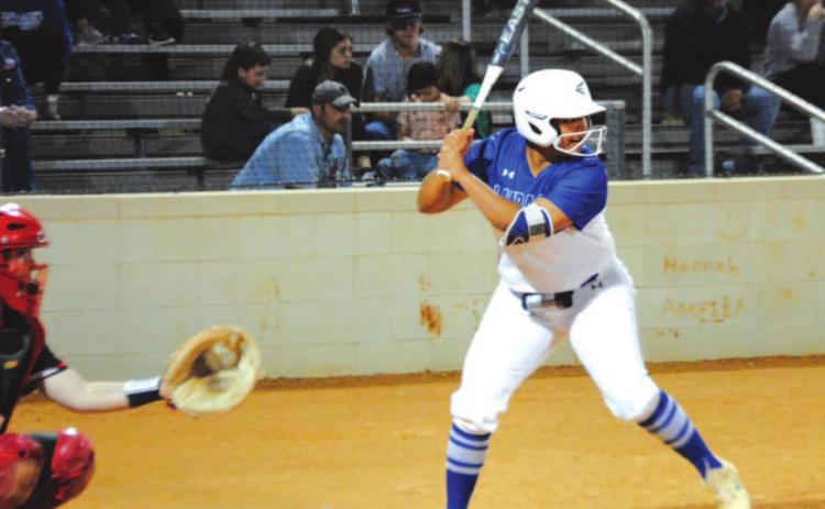 Mia Maldonado loads up to hit a pitch that she sent over the centerfield wall for a home run against Ballinger. HUNTER KING | DISPATCH RECORD