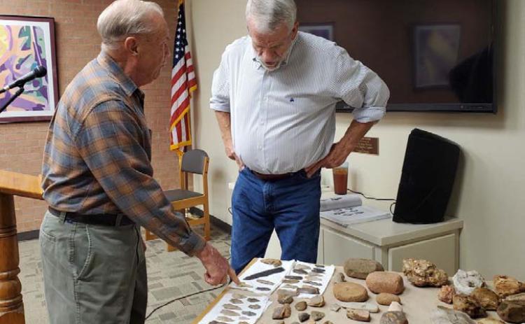 Former mayor Jack Calvert, left, visits with Boyce Cabaniss last year at the Lampasas County Historical Commission’s presentation to celebrate Archaeology Month in Texas. Cabaniss will return Oct. 24 for a follow-up presentation at the Lampasas Public Library.