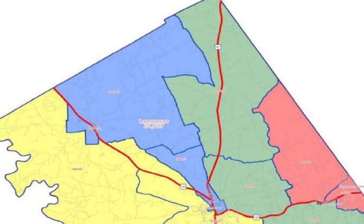 This is the current map of the commissioners’ precincts. The Commissioners Court on Monday pulled out of its earlier plans to change the boundaries. FILE PHOTO