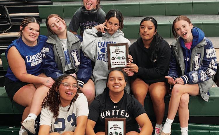 Members of the girls’ powerlifting team pose with their plaques from the Burnet meet. COURTESY PHOTO | T.J. CLEAVINGER