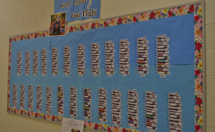 Taylor Creek Elementary School staff measure student reading achievements by class with a decorative chart. ERICKMITCHELL | DISPATCH RECORD