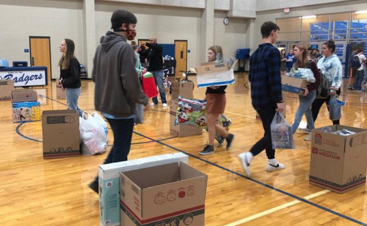 Lampasas High School students collected donations in the school gymnasium during a previous year’s Angel Tree event. Courtesy photo