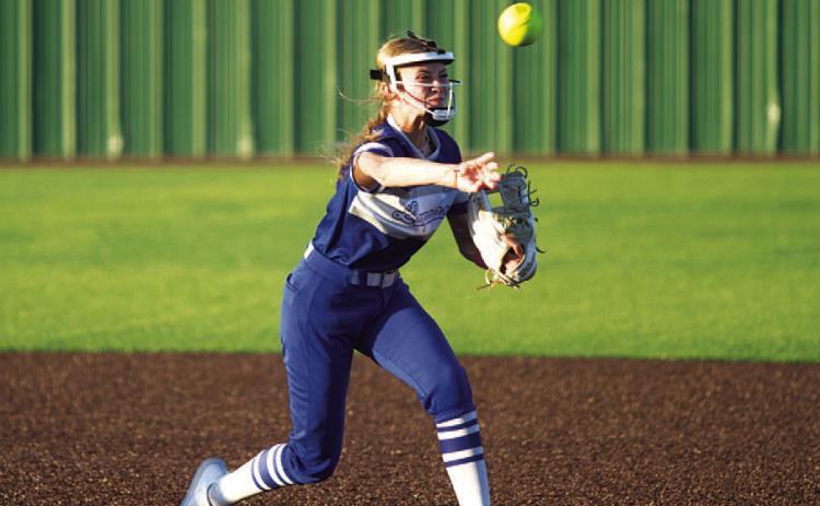 HUNTER KING | DISPATCH RECORD Sagen Plouff throws from second base to first base to record an out early in Tuesday’s game.