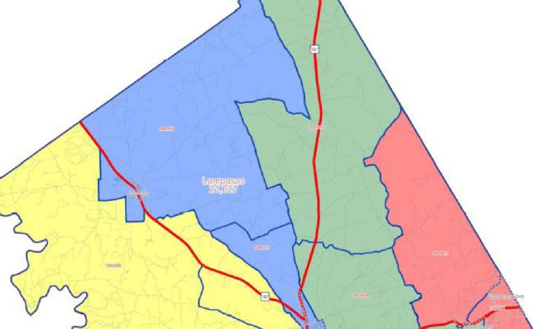 Above is the current map of county commissioners precincts. Precinct 1 is in red, Precinct 2 is in yellow, Precinct 3 is in blue, and Precinct 4 is in green. LAMPASAS COUNTY COMMISSIONERS COURT | COURTESY GRAPHIC