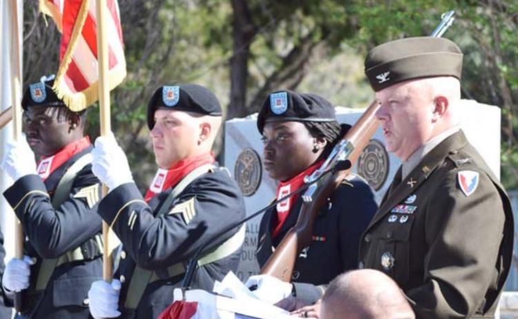 Col. Chad Foster, Fort Hood garrison commander, addresses Kempner residents and city officials during a Veterans Day ceremony at Sylvia Tucker Memorial Park. ALEXANDRIA RANDOLPH | DISPATCH RECORD