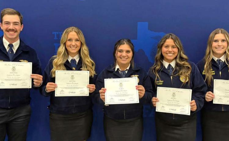 Earning their Lone Star FFA Degree are, from left, Lampasas chapter members Daren Tristan, Janie Turner, Ava Rojas, Jacie Resa and Chandler Boultinghouse. Their FFA adviser is Judy Hail. courtesy photo