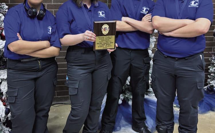 Lampasas High School students, from left, sophomore Lena Jeffries, freshman Lilian Stephen, and juniors Jason Brock and Bryce Neeley celebrate their first-place regional victory in the Felony Traffic Stop category. VERONICA BUTLER | DISPATCH RECORD