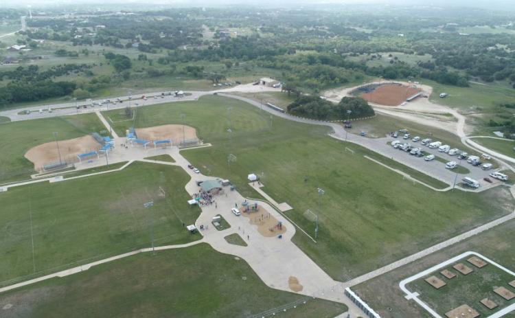 The 580 Sports Complex on the western side of Lampasas provided rental spots for RVs and campers for those traveling to view Monday’s eclipse event. While many had cleared out early due to weather and cloud coverage concerns, those who stayed got a great view of the totality. This aerial view captured by a drone shows a small crowd gathered at the park’s center and parking areas. COURTESY PHOTO | SEAN SCHROEDER