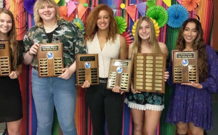 Hadley Oncken, left, Morgan Lovejoy, Juliana Dwamena, Cobie Chandler and Ethni Sanchez pose with their awards from the night. COURTESY PHOTO