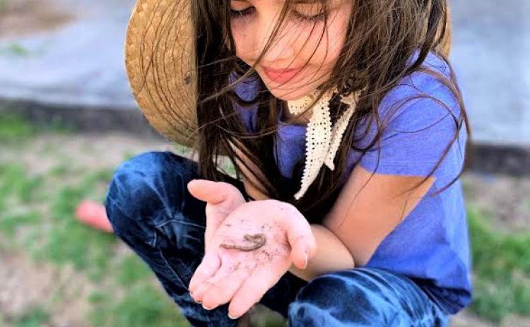 Cecily Hatley, age 8, sets an example of wonder and enjoyment as she examines and appreciates an earthworm found in her mother’s flower garden. Joycesarah McCabe | Dispatch Record