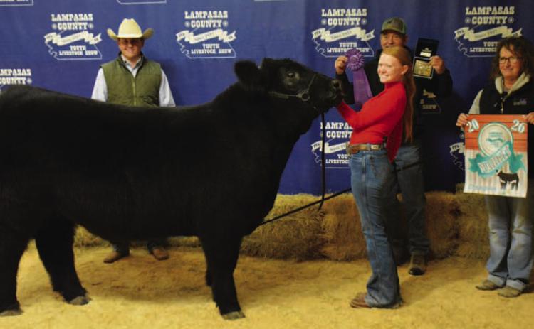 Selie Hodge showed the grand champion steer at the 2026 Lampasas County Youth Livestock Show, and was named the Lee Carson Award winner and Senior Cattle Showmanship winner. HUNTER KING | DISPATCH RECORD