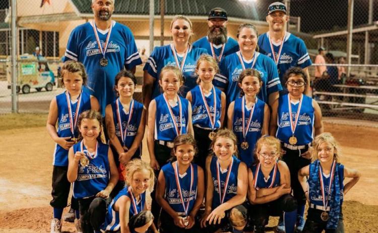 The 8U coach pitch team Lil’ Pitches placed third and went 3-2 in a district tournament in Temple. Pictured are, bottom row left to right, Jordi Andrews, Aaryn Friedlander, Sadie Walker, Holley Ann Wakeman, Brooklyn Brewer and Cora Eckermann; middle row, Kadi-Ann Harris, Evalynn Seward, Blake Andrews, Brynn Crawford, Riley Banks and Amsi Suarez; back row, coaches Derrek Eckermann, Misty Wakeman (head coach), Jeff Crawford, Jennifer Harris and Justin Andrews. COURTESY PHOTO