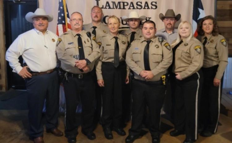 Lampasas County Sheriff’s Office recently honored members of the staff. Pictured front row, left to right are Sheriff Jess Ramos, Deputy Charles Hayhurst, Animal Control Officer Sabine Hogle, Deputy Carlos Rodriguez, and Communications Officer Lori Marker; back row, Assistant Jail Administrator Brian Pomeroy, Deputy Jonathan Rinehart, Chief Deputy Kodie Greenburg and Jail Administrator Cristopher Brister. COURTESY OF SHERIFF JESS RAMOS