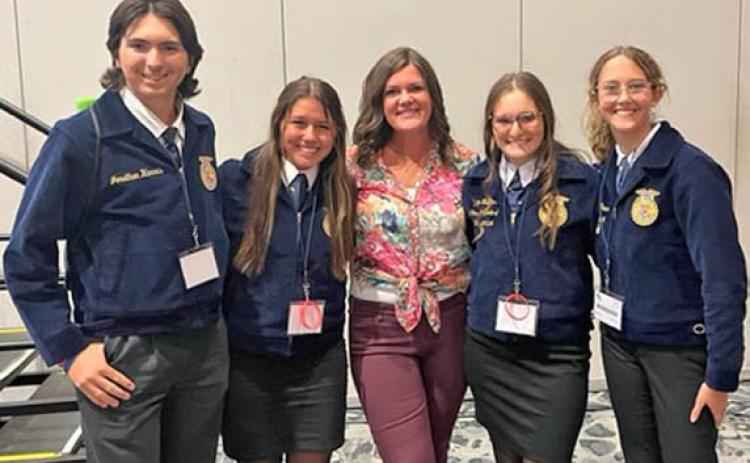 At the recent Texas FFA Convention, Lampasas FFA members attended a session hosted by the “Farm Babe,” Michele Miller of Florida. Miller is an advocate for agriculture who works daily to dispel myths about the food industry and promote understanding about production agriculture. Pictured, from left to right, are Jonathan Harris, Jacie Resa, “Farm Babe” Michele Miller, Paige Rutland and Phoebe Rounds. COURTESY PHOTO | JUDY HAIL