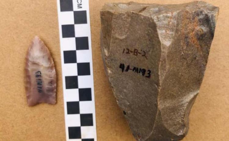 Shown here are a Clovis blade and core, excavated at the Barnett Clovis site west of Goldthwaite. More archeological work will take place at the site this weekend. COURTESY PHOTO