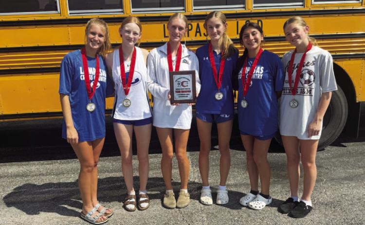 COURTESY PHOTO | KIM BURNSIDE From left, Makenzie Shaughnessy, Kenzie Stone, Leah Phillips, Adyson Martin, Monica Munoz and Brylie Centunzi-Sanchez pose with their medals and plaque from the Lake Belton Invitational.