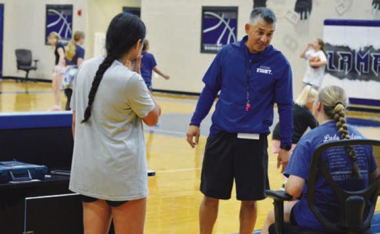 Marcus Chapa chats with a couple of his Lady Badgers at a camp last week. ERICK MITCHELL | DISPATCH RECORD