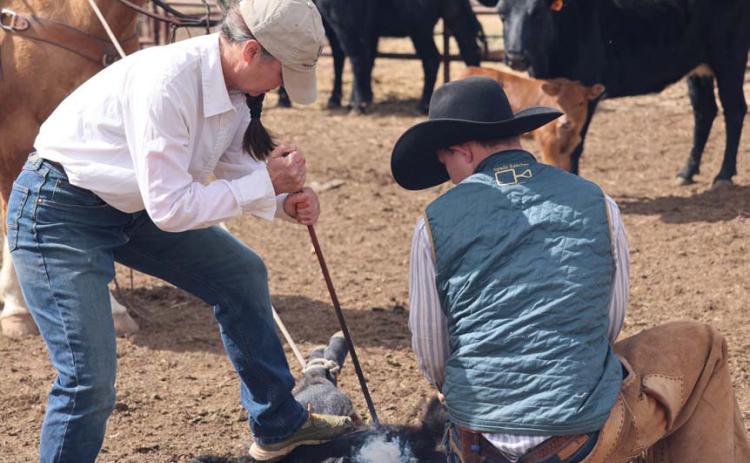 Kyle Peebles is a woman with plenty of grit. Here, she brands a calf while her husband holds the rope tight on horseback and her son keeps the calf still. joycesarah mccabe | dispatch record