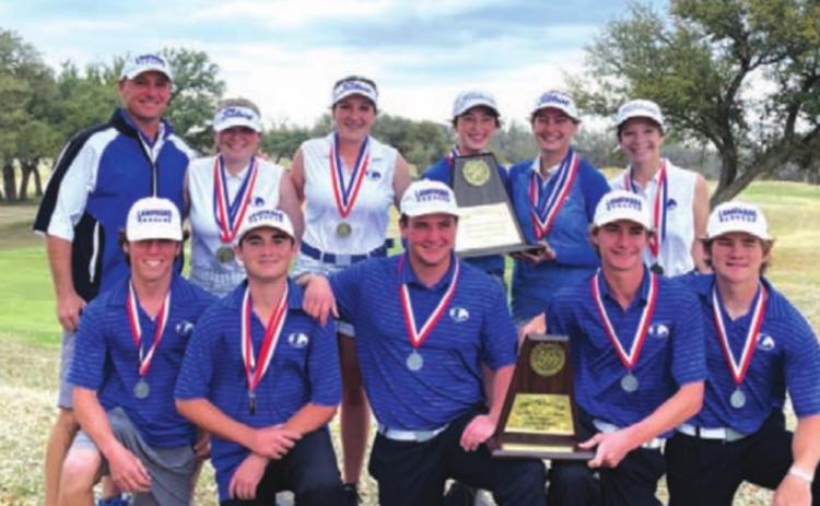 The Lady Badger and Badger golf teams pose with their trophies and medals after finishing first and second at the district tournament. COURTESY PHOTO