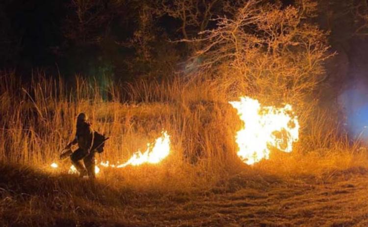 Multiple agencies, including the Lampasas Fire Department, worked through the night Monday to put out a wildfire in Mills County. Other fires have been reported in South and West Texas over the last two weeks. COURTESY PHOTO | TEXAS A&amp;M FOREST SERVICE