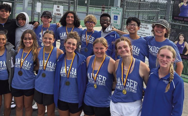 The Lampasas tennis team poses for a photo following their tournament in Marble Falls. COURTESY PHOTO | KENNETH PEISER