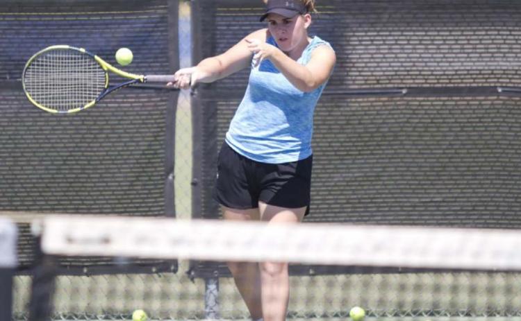 Kailr Clements hits a forehand shot during a tennis practice last week at Lampasas High School. HUNTER KING | DISPATCH RECORD