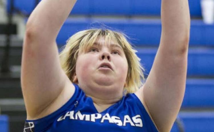 Morgan Lovejoy goes up to finish off the backboard during the Lady Badgers’ scrimmage against Copperas Cove on Tuesday. HUNTER KING | DISPATCH RECORD