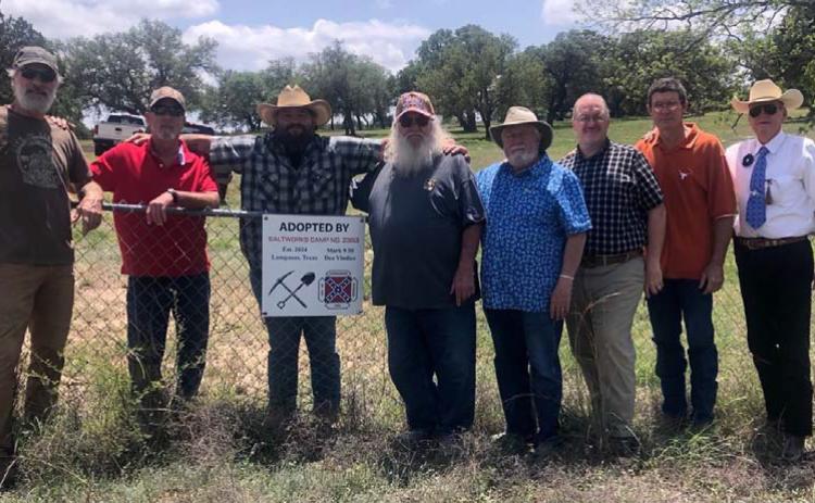 Sons of Confederate Veterans Saltworks Camp # 2353 have taken on the responsibility of maintaining Nix Cemetery in western Lampasas County. Pictured at the cemetery are, from left to right, William “Bill” Ables, Stephen C. Brister, Larry Chipman, William “Bill” Dunson III, David Spradley, Michael R. Oliver, Roger D. Hamrick and Ross J. Cox Sr. courtesy photo