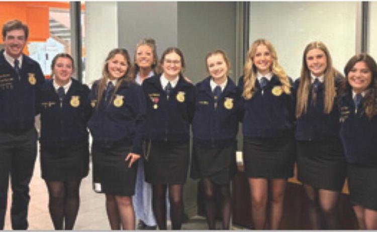 The Lampasas FFA Agriculture Sales and Farm/Agribusiness Management teams pose for a photo at the state competition at Sam Houston State University last month. COURTESY PHOTO