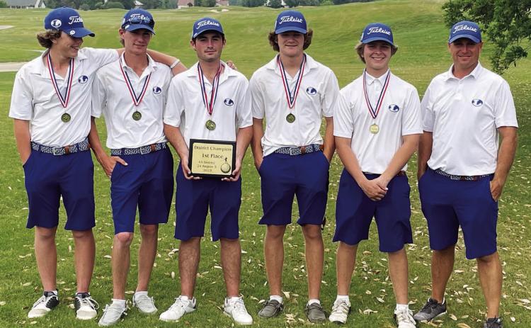 COURTESY PHOTO | GARRY SPORE James Clarkston, left, Coulson Plouff, Peyton Spore, Timber Gholson, Nick Haas and head coach Justin Schulze pose with their district championship plaque.