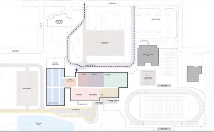 This view is one of the design options LISD school board members have seen that places the new campus building behind the Bozarth-Fowler Gymnasium. The design phase is ongoing as trustees consider the options for best utilization of the property. COURTESY PHOTO