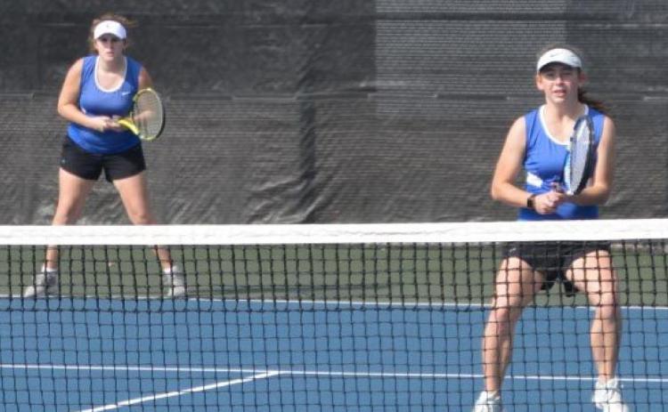 Kailr Clements, at baseline, and Abby Valdez (at the net) won all three of their matches at Pflugerville. KENNETH PEISER | COURTESY PHOTO