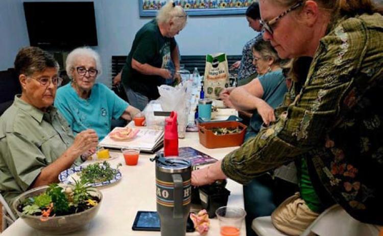 Cat Cotman at right gives instructions on how to make a succulent fairy garden. COURTESY PHOTO