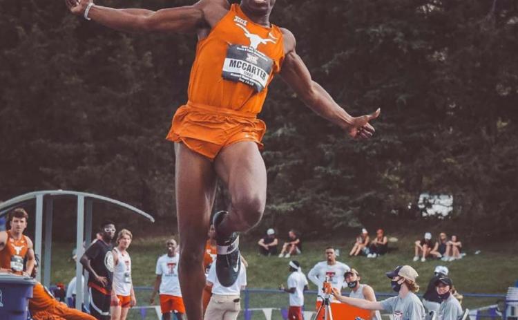 Former Badger Steffin McCarter (Class of 2015) won the Big 12 Outdoor championship in long jump, competing for the Texas Longhorns. UNIVERSITY OF TEXAS ATHLETICS