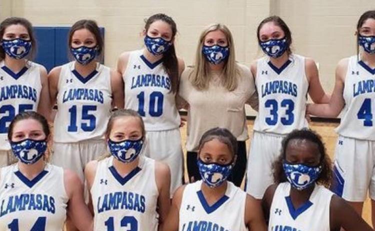 After a 43-22 victory, the undefeated Lady Badger freshman pose for a photo. Pictured are, back row left to right, Greenlee Chism, Amelia Stanley, Kelsie Taylor, Kalyn Mulcahy, coach Whitney Doyen, Morgan Bobo, Lillee Hamill and Janie Resa; front row, Kenzie Roberts, Jenna Ball, Alyssa Spencer and Nattie Martin. LAMPASAS GIRLS BB TWITTER PAGE | COURTESY PHOTO