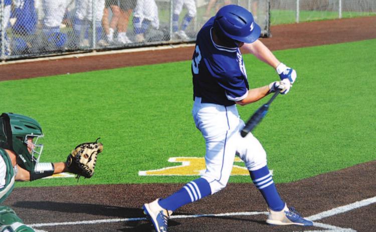 Carson Bekker swings at a pitch during the first game against Iowa Park in Stephenville on Saturday. HUNTER KING | DISPATCH RECORD