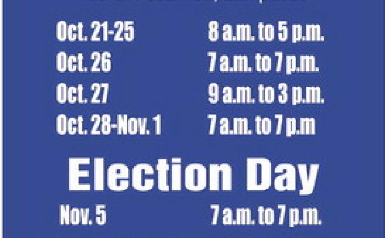 Early voting begins Monday for the Nov. 5 General Election. The county is offering weekend balloting on Oct. 26-27, as well as extended voting hours Oct. 28-Nov. 1. For a sample ballot that lists candidates up for election, see page 11. DISPATCH RECORD GRAPHIC
