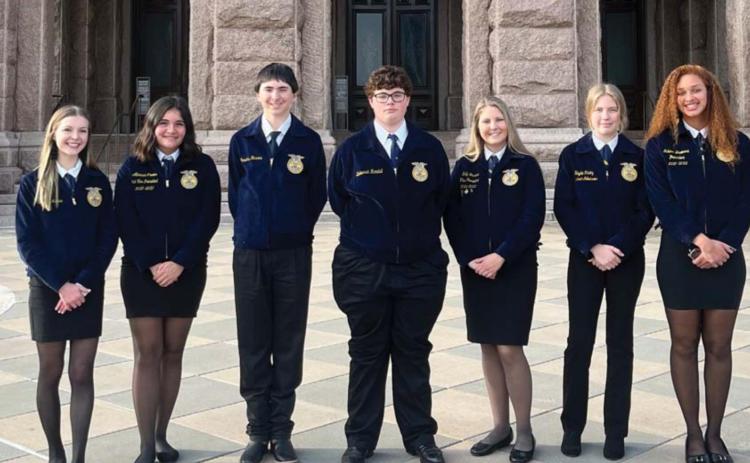 Lampasas FFA members who attended Texas FFA Day at the Capitol are, from left, Kayla McManus, Abriana Flores, Jonathan Harris, Zechariah Randall, Emily Brister, Hayley Finley and Juliana Dwamena. COURTESY PHOTO