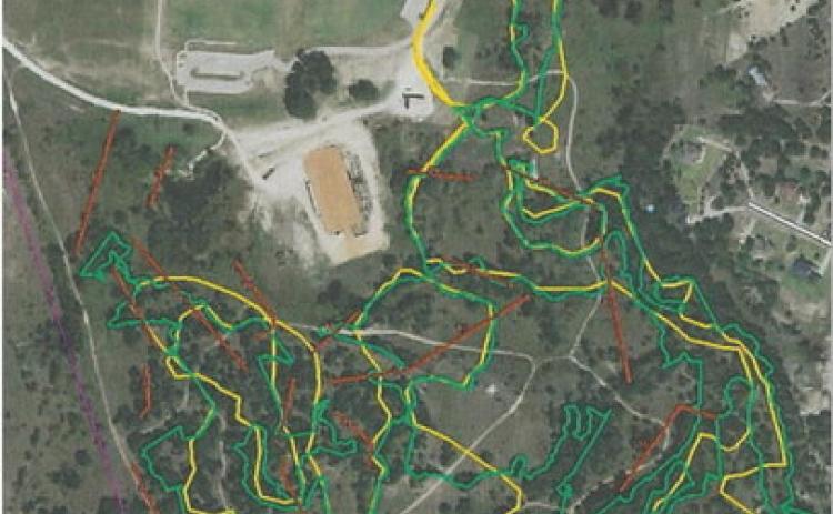 COURTESY PHOTO | CITY OF LAMPASAS City of Lampasas planning documents show two possible orientations for bike trails in the 580 Sports Park. The first trail option is marked by yellow and the second by green. Red trails indicate possible layout for the disc golf course.
